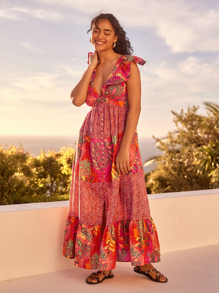 Bright Pink/Red Frill Sleeve Summer Dress - Image 1 of 7