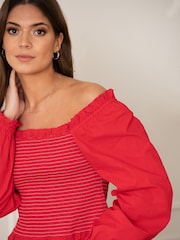 Pour Moi Red Rachel 100% Cotton Shirred Bodice Long Sleeve Top - Image 1 of 5