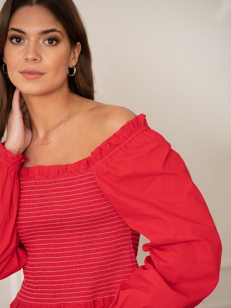 Pour Moi Red Rachel 100% Cotton Shirred Bodice Long Sleeve Top - Image 1 of 5