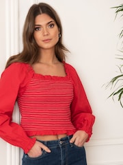 Pour Moi Red Rachel 100% Cotton Shirred Bodice Long Sleeve Top - Image 2 of 5