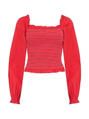 Pour Moi Red Rachel 100% Cotton Shirred Bodice Long Sleeve Top - Image 4 of 5