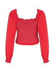 Pour Moi Red Rachel 100% Cotton Shirred Bodice Long Sleeve Top - Image 5 of 5