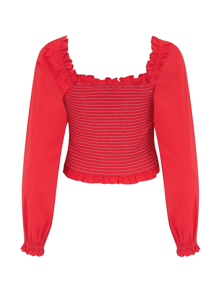 Pour Moi Red Rachel 100% Cotton Shirred Bodice Long Sleeve Top - Image 5 of 5