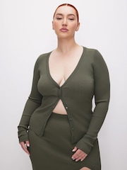 Good American Green Shine Rib V-Neck Cardigan - Image 1 of 4