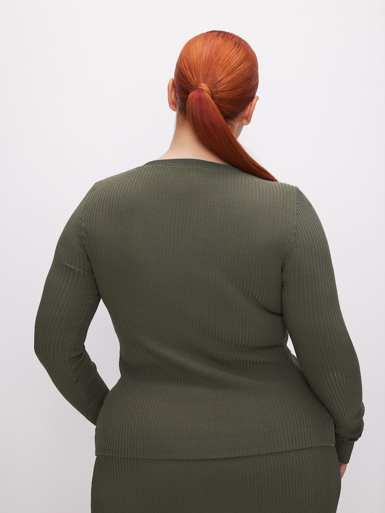 Good American Green Shine Rib V-Neck Cardigan - Image 2 of 4