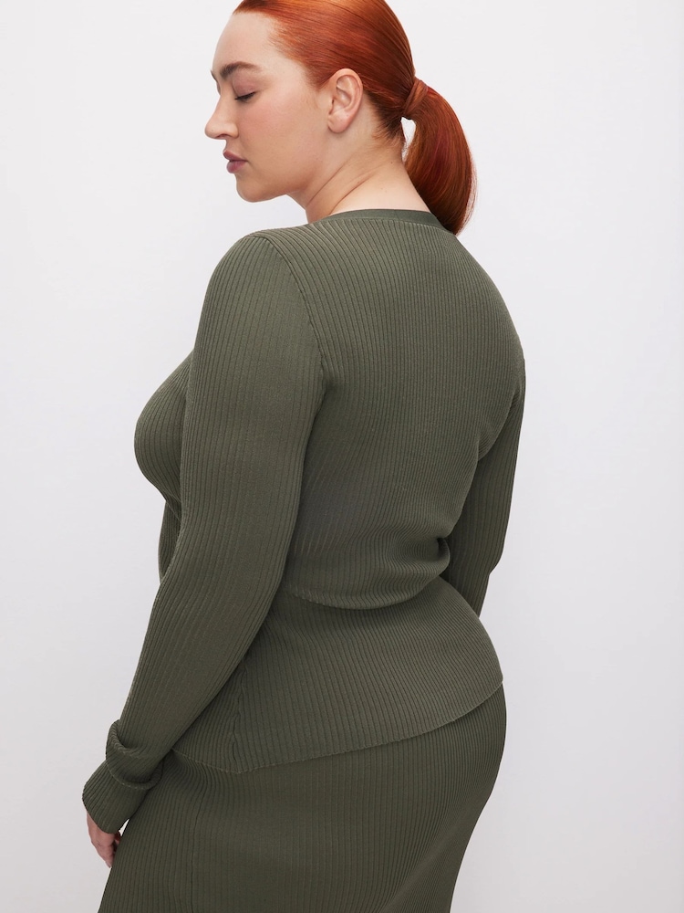 Good American Green Shine Rib V-Neck Cardigan - Image 3 of 4