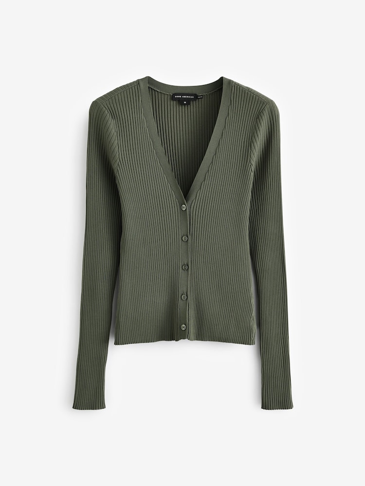 Good American Green Shine Rib V-Neck Cardigan - Image 4 of 4