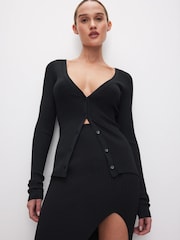 Good American Black Shine Rib V-Neck Cardigan - Image 1 of 3