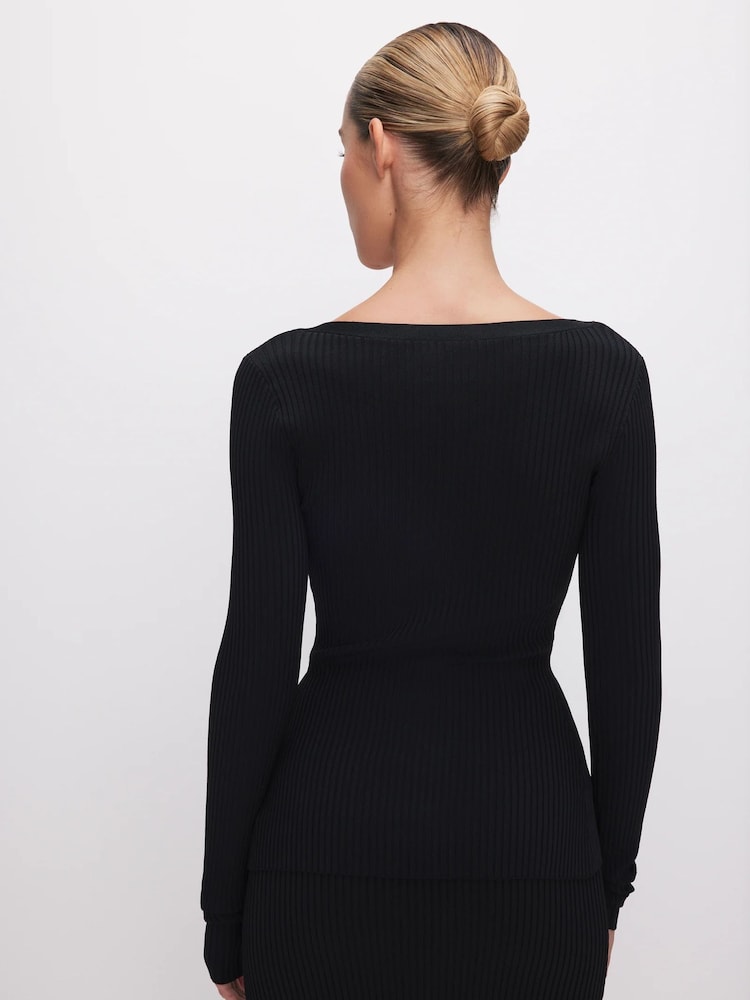Good American Black Shine Rib V-Neck Cardigan - Image 2 of 3