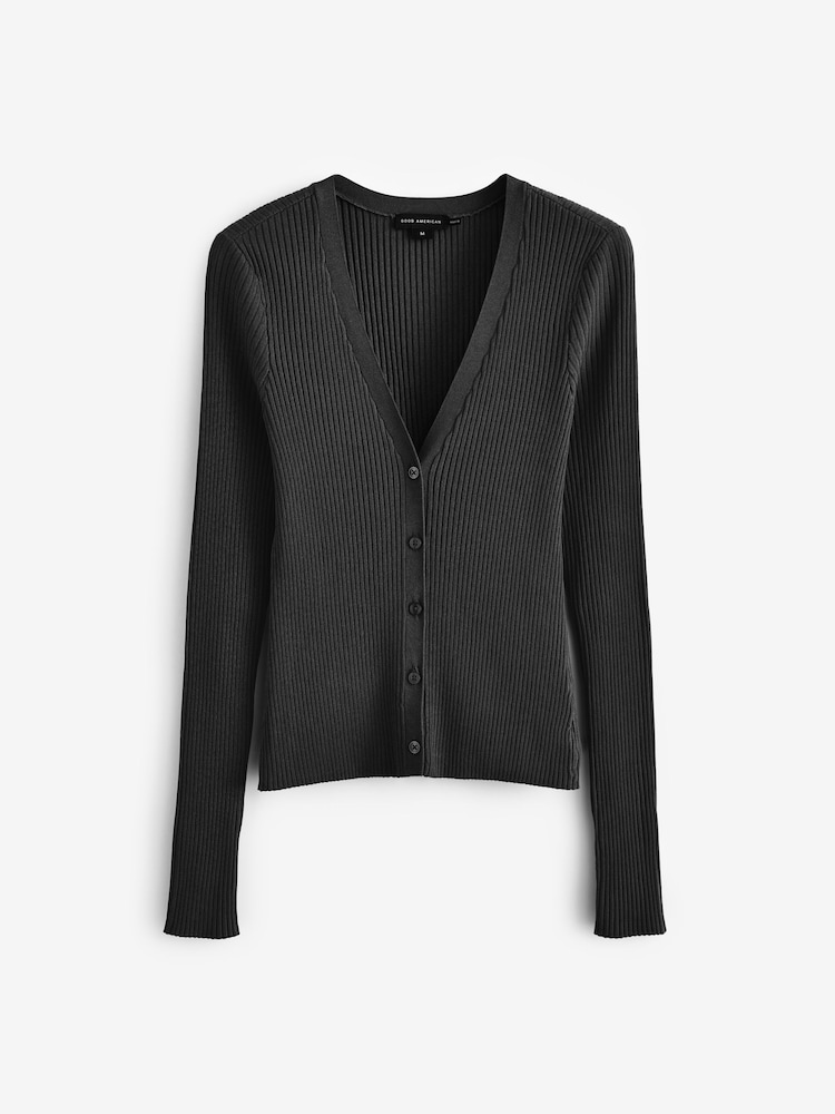 Good American Black Shine Rib V-Neck Cardigan - Image 3 of 3