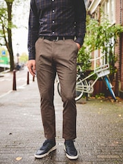 Brown Micro Check Slim Brushed Belted Chinos Trousers - Image 1 of 9