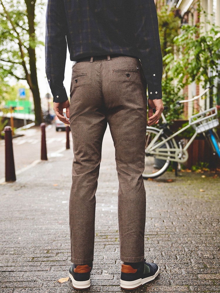 Brown Micro Check Slim Brushed Belted Chinos Trousers - Image 3 of 9