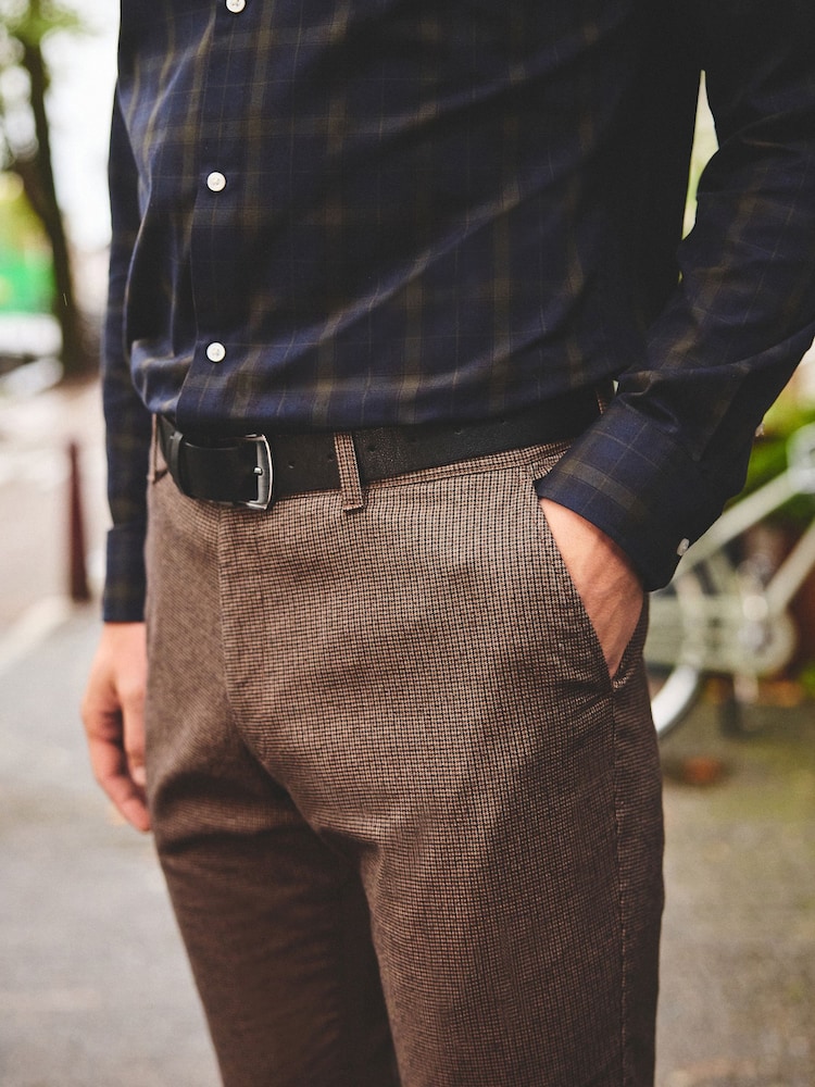 Brown Micro Check Slim Brushed Belted Chinos Trousers - Image 4 of 9