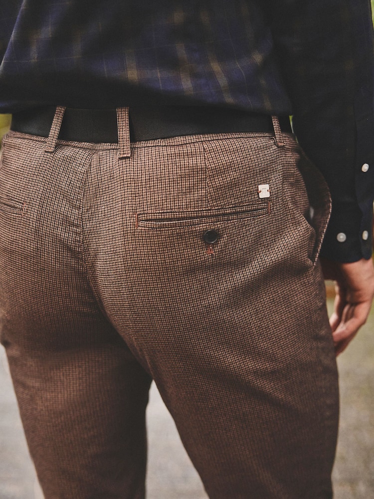 Brown Micro Check Slim Brushed Belted Chinos Trousers - Image 5 of 9