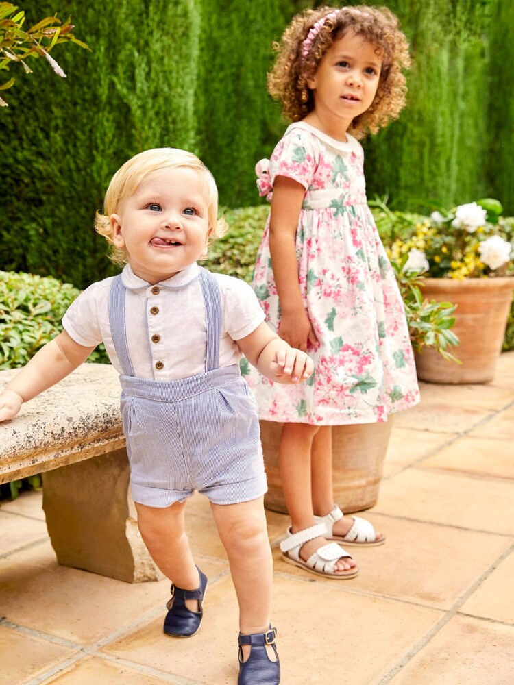 JoJo Maman Bébé Blue 2-Piece Blue & White Peter Pan Collar Shirt & Shorts Set - Image 2 of 7