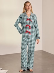 Chelsea Peers Green Cotton Gingham Tie Front Long Pyjamas Set - Image 1 of 8