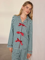 Chelsea Peers Green Cotton Gingham Tie Front Long Pyjamas Set - Image 2 of 8