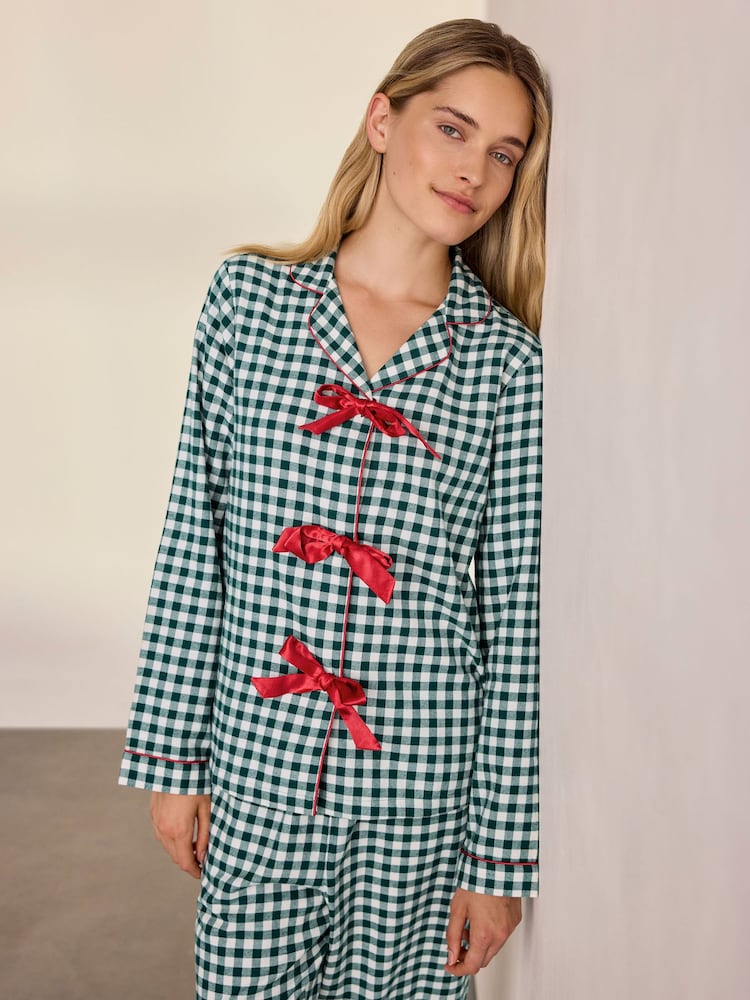 Chelsea Peers Green Cotton Gingham Tie Front Long Pyjamas Set - Image 2 of 8 Chelsea Peers Green Cotton Gingham Tie Front Long Pyjamas Set - Image 2 of 8