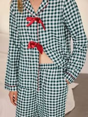 Chelsea Peers Green Cotton Gingham Tie Front Long Pyjamas Set - Image 3 of 8