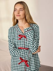 Chelsea Peers Green Cotton Gingham Tie Front Long Pyjamas Set - Image 5 of 8