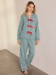 Chelsea Peers Green Cotton Gingham Tie Front Long Pyjamas Set - Image 6 of 8