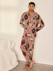 Chelsea Peers Red Christmas Chip & Friends Stripe Print Long Pyjamas Set - Image 1 of 7