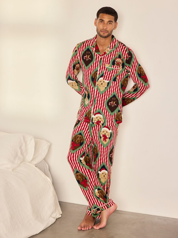 Chelsea Peers Red Christmas Chip & Friends Stripe Print Long Pyjamas Set - Image 1 of 7