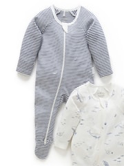 Purebaby Light Blue 100% Cotton Zip Baby Sleepsuits 2 Pack - Image 2 of 8