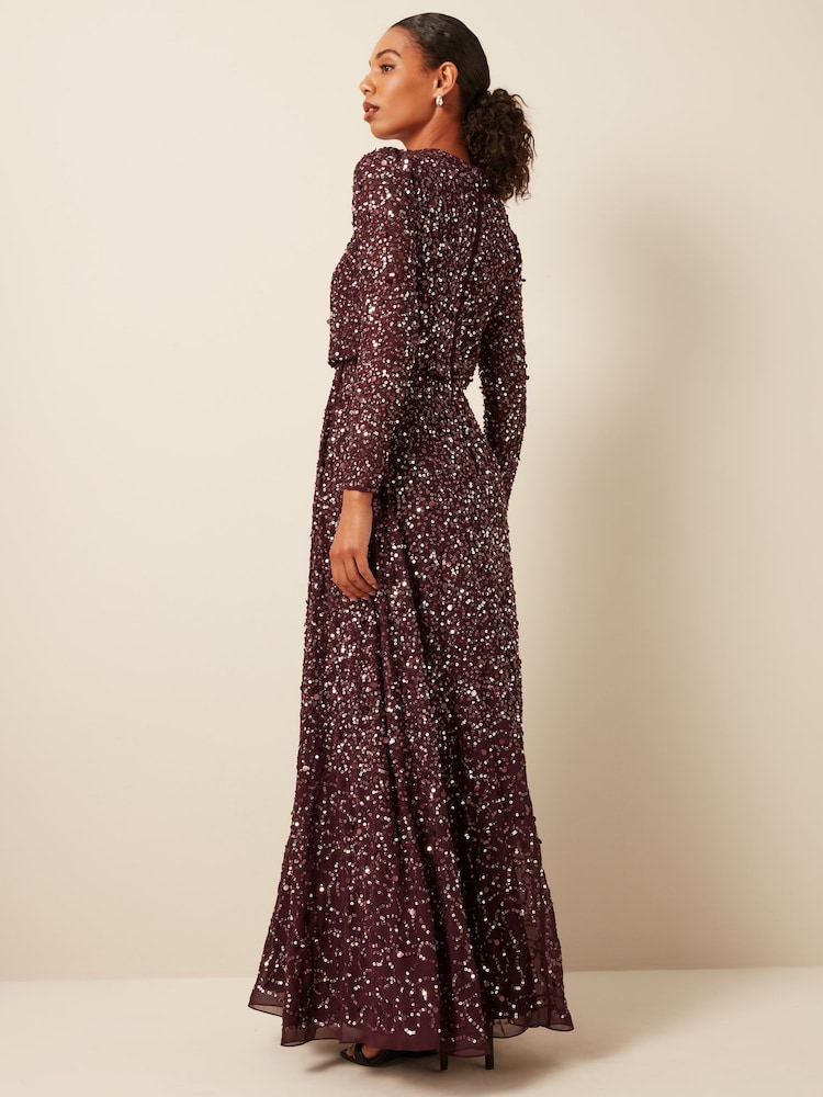 Maya Red All Over Embellished Wrap Skirt Long Sleeve Maxi Dress - Image 2 of 5