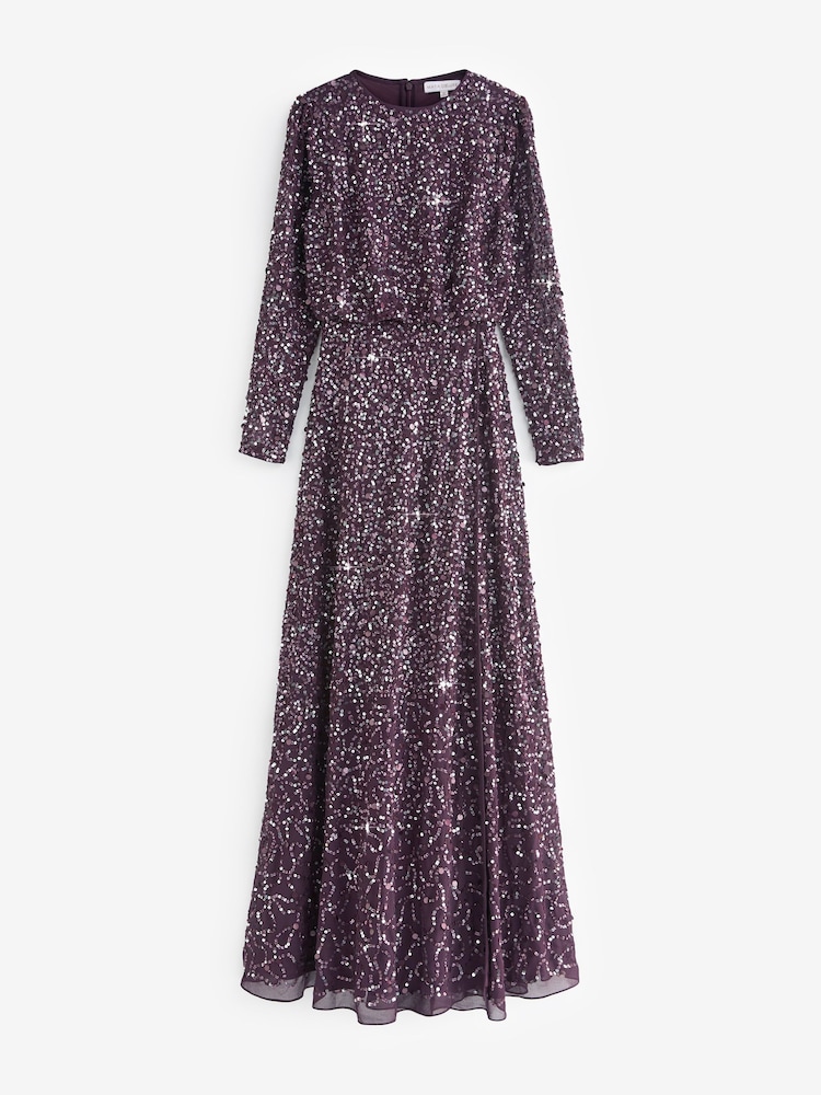 Maya Red All Over Embellished Wrap Skirt Long Sleeve Maxi Dress - Image 5 of 5