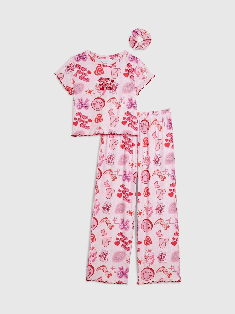 River Island Pink Glitter Graffiti Print Pyjamas Set - Image 1 of 5 River Island Pink Glitter Graffiti Print Pyjamas Set - Image 1 of 5