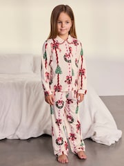 Chelsea Peers Natural Kids Christmas Ribbon Stripe Print Long Pyjamas Set - Image 1 of 10