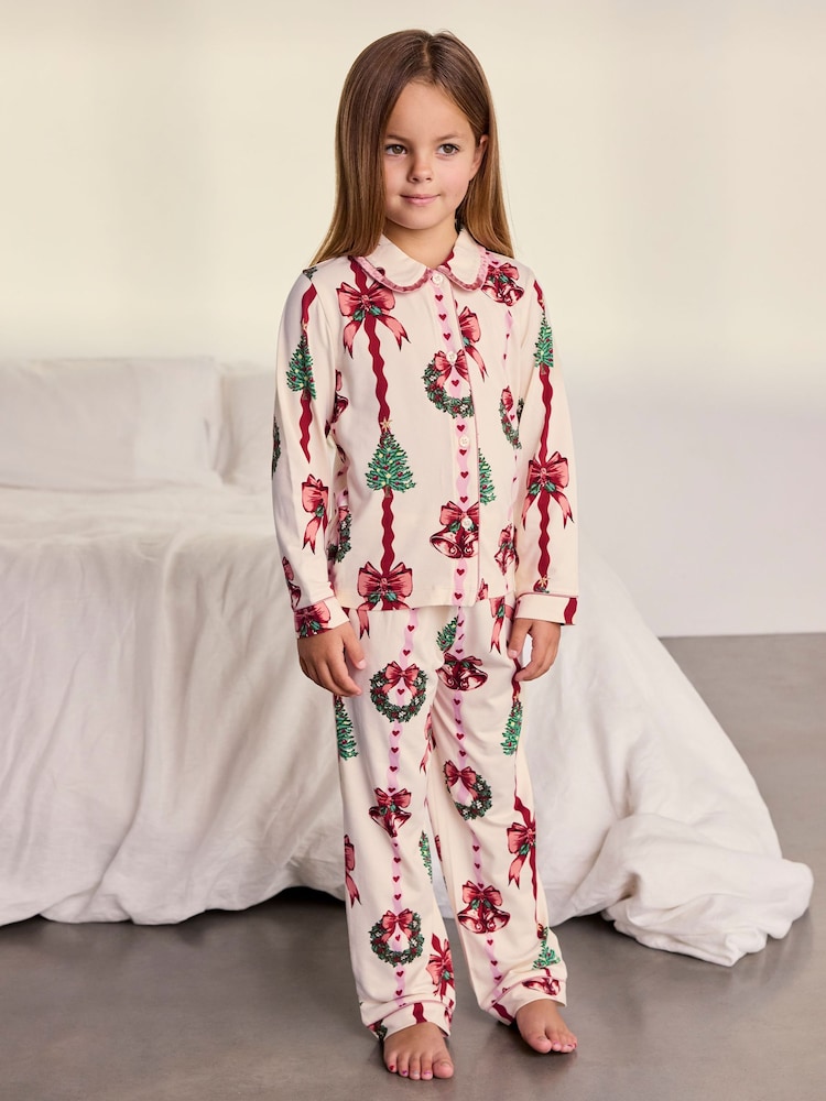 Chelsea Peers Natural Kids Christmas Ribbon Stripe Print Long Pyjamas Set - Image 1 of 10 Chelsea Peers Natural Kids Christmas Ribbon Stripe Print Long Pyjamas Set - Image 1 of 10