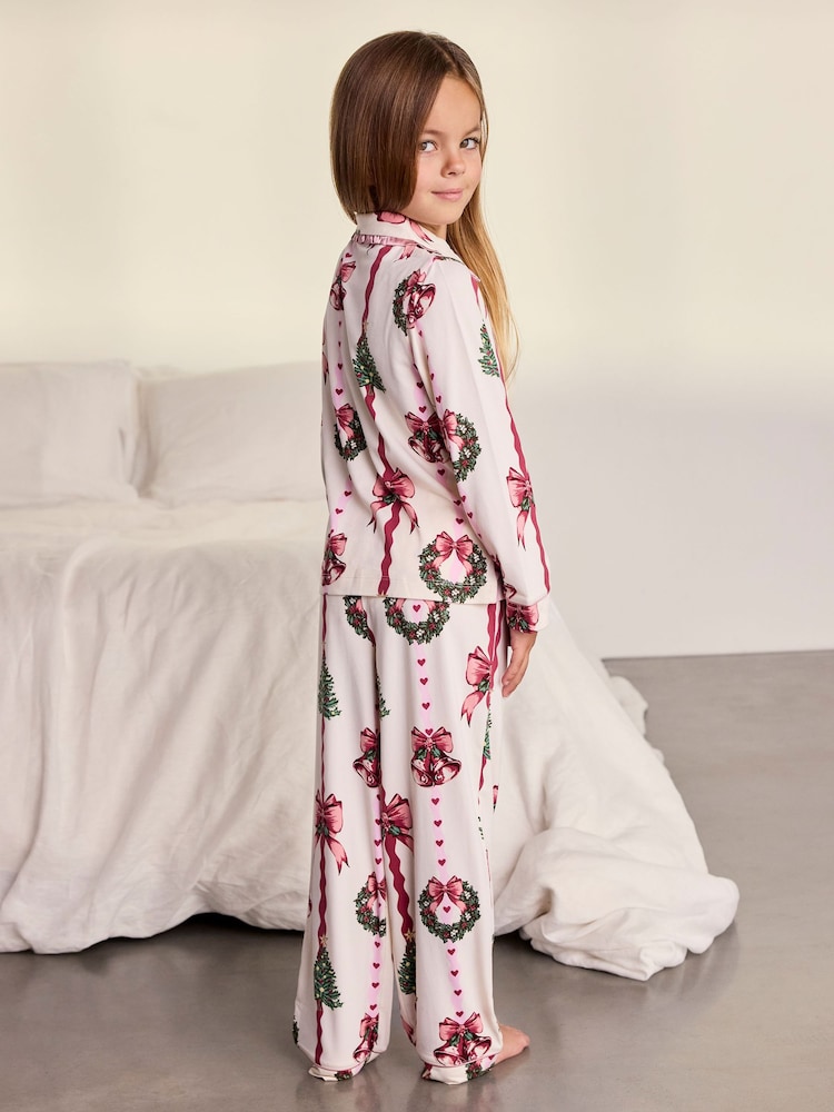 Chelsea Peers Natural Kids Christmas Ribbon Stripe Print Long Pyjamas Set - Image 2 of 10 Chelsea Peers Natural Kids Christmas Ribbon Stripe Print Long Pyjamas Set - Image 2 of 10