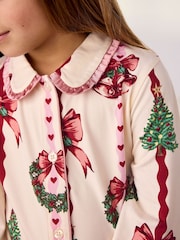 Chelsea Peers Natural Kids Christmas Ribbon Stripe Print Long Pyjamas Set - Image 6 of 10