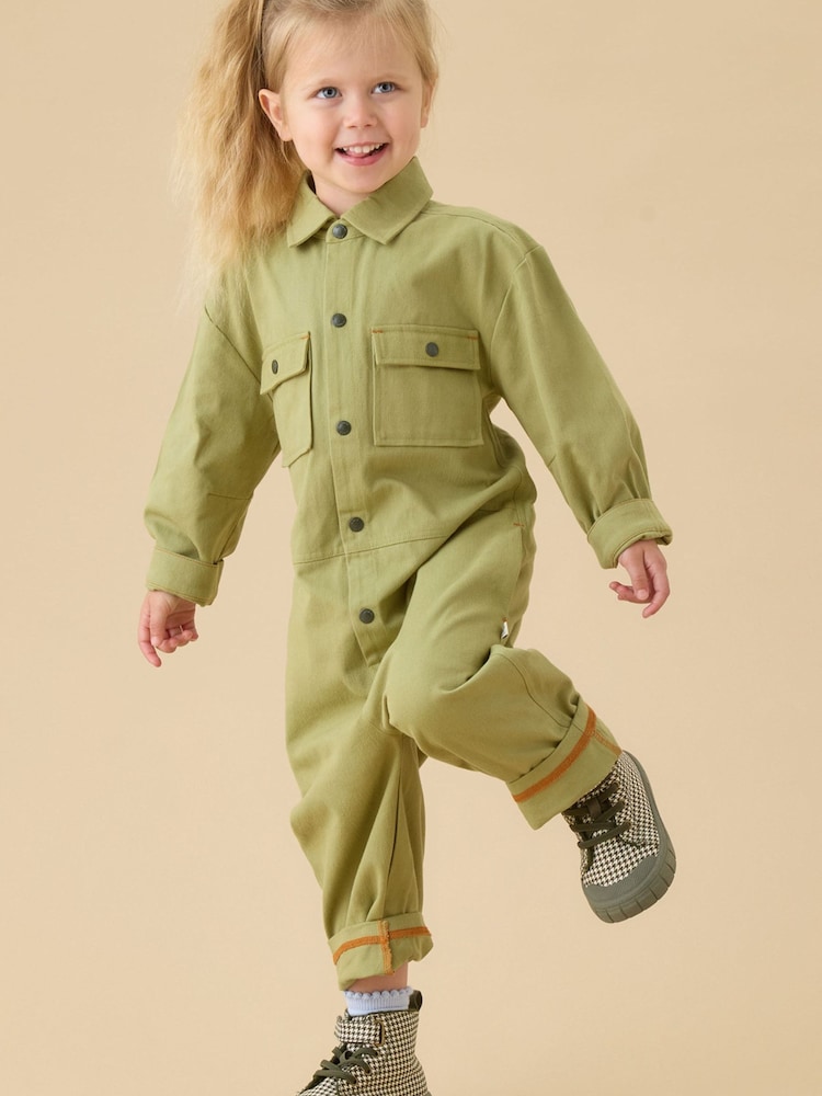 KIDLY by MORI Green Sage Soft Twill Button Down Boilersuit Jumpsuit - Image 1 of 3