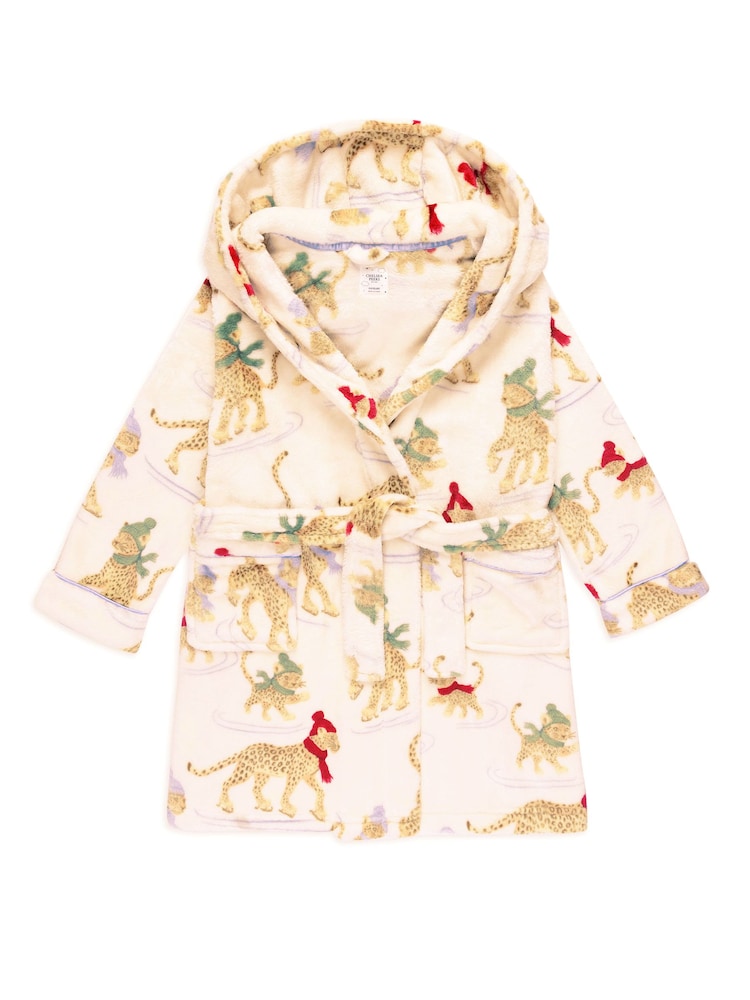 Chelsea Peers Natural Kids Fleece Ice Skating Leopards Print Hooded Dressing Gown - Image 1 of 3 Chelsea Peers Natural Kids Fleece Ice Skating Leopards Print Hooded Dressing Gown - Image 1 of 3