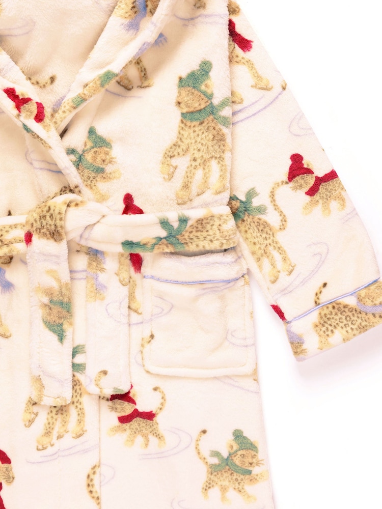 Chelsea Peers Natural Kids Fleece Ice Skating Leopards Print Hooded Dressing Gown - Image 2 of 3 Chelsea Peers Natural Kids Fleece Ice Skating Leopards Print Hooded Dressing Gown - Image 2 of 3