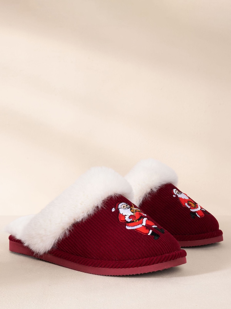 Chelsea Peers Red Corduroy Embroidered Musical Santa Slippers - Image 2 of 7 Chelsea Peers Red Corduroy Embroidered Musical Santa Slippers - Image 2 of 7