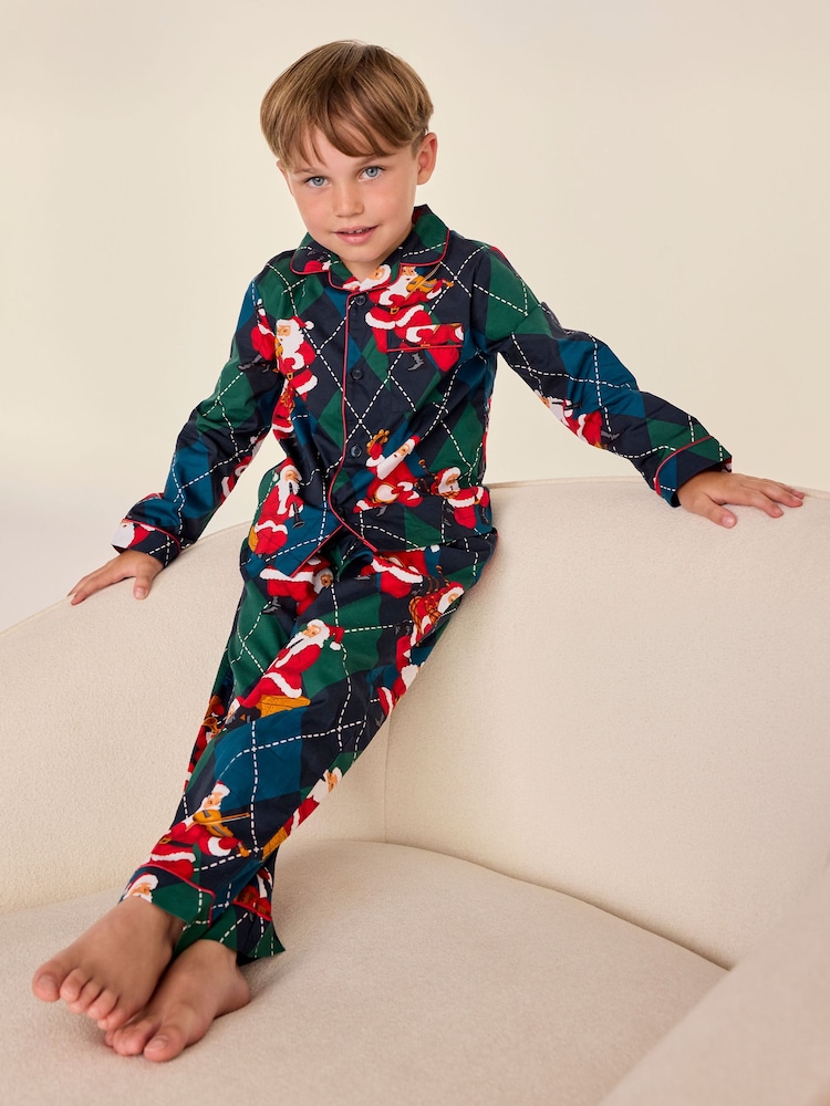 Chelsea Peers Blue Kids Cotton Argyle Musical Santa Print Long Pyjamas Set - Image 1 of 9 Chelsea Peers Blue Kids Cotton Argyle Musical Santa Print Long Pyjamas Set - Image 1 of 9