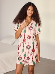 Chelsea Peers Natural Short Pyjamas Christmas Ribbon Stripe Print Pyjamas Set - Image 1 of 6