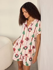 Chelsea Peers Natural Short Pyjamas Christmas Ribbon Stripe Print Pyjamas Set - Image 3 of 6