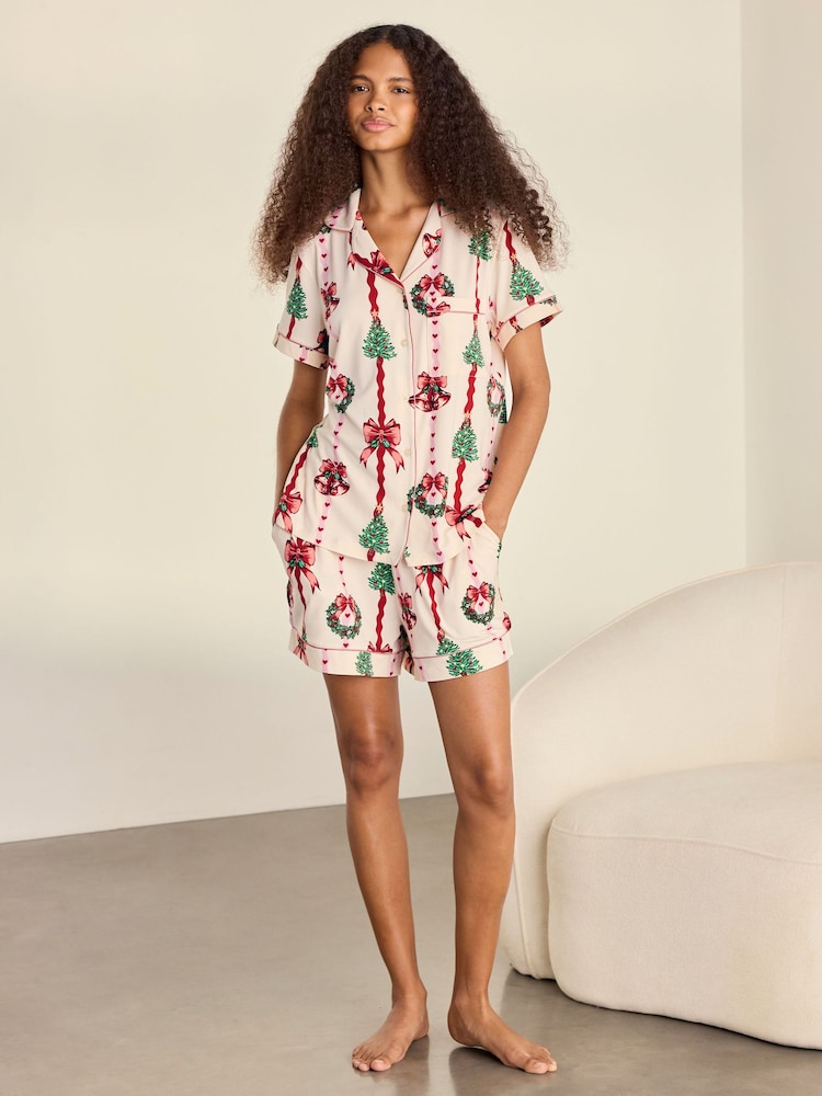 Chelsea Peers Natural Short Pyjamas Christmas Ribbon Stripe Print Pyjamas Set - Image 6 of 6