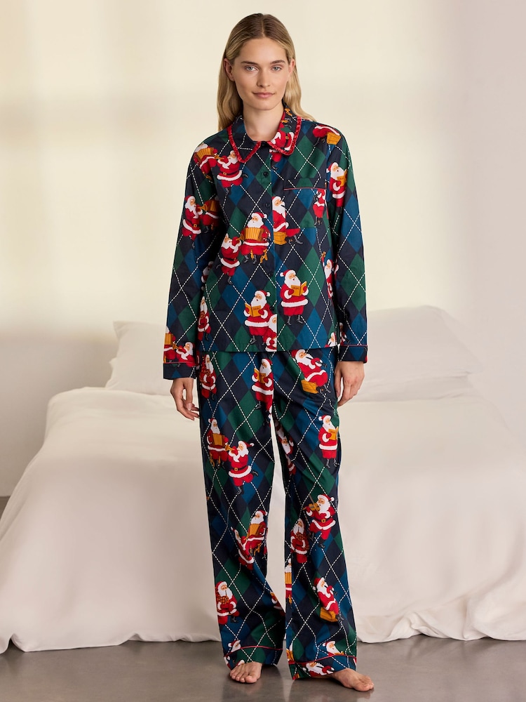 Chelsea Peers Blue Cotton Argyle Musical Santa Print Long Pyjamas Set - Image 1 of 8 Chelsea Peers Blue Cotton Argyle Musical Santa Print Long Pyjamas Set - Image 1 of 8
