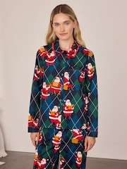 Chelsea Peers Blue Cotton Argyle Musical Santa Print Long Pyjamas Set - Image 2 of 8
