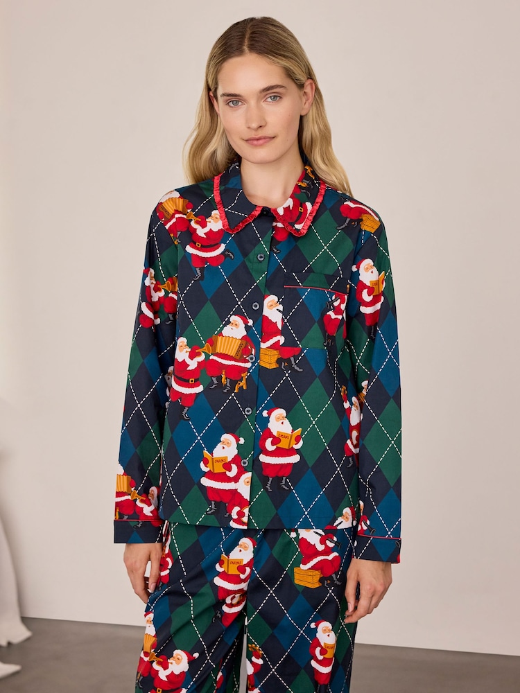 Chelsea Peers Blue Cotton Argyle Musical Santa Print Long Pyjamas Set - Image 2 of 8 Chelsea Peers Blue Cotton Argyle Musical Santa Print Long Pyjamas Set - Image 2 of 8