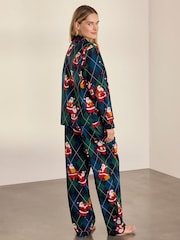 Chelsea Peers Blue Cotton Argyle Musical Santa Print Long Pyjamas Set - Image 4 of 8