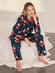 Chelsea Peers Blue Cotton Argyle Musical Santa Print Long Pyjamas Set - Image 5 of 8
