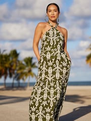 Zielono-biała spódnica maxi Myleene Klass z nadrukiem i regulowaną talią - Image 2 of 7