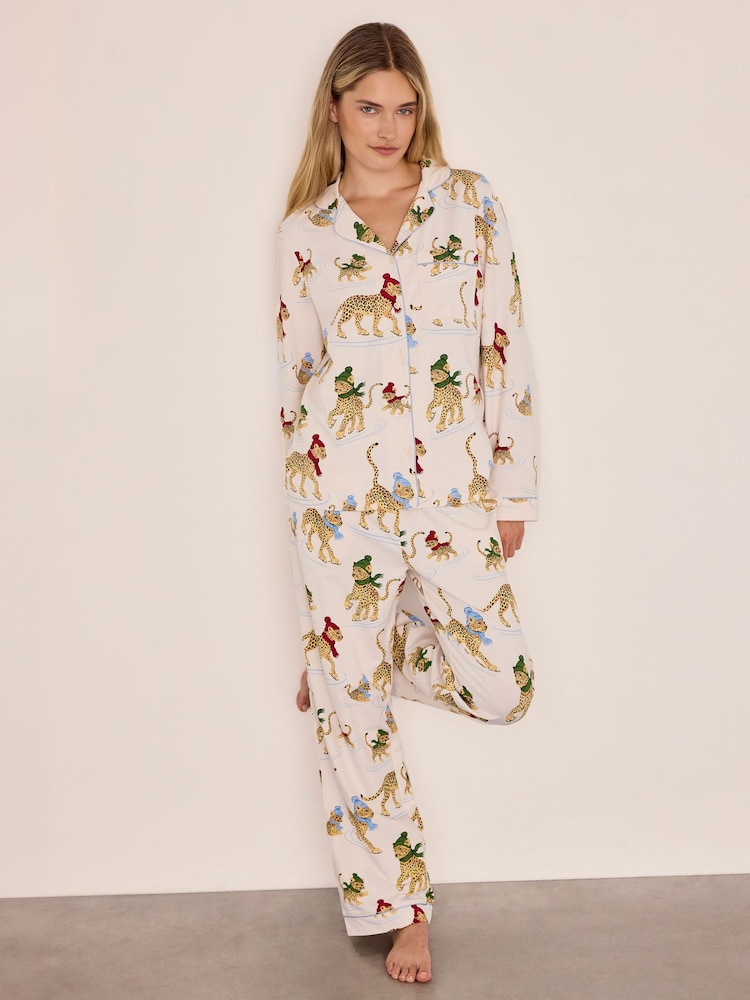 Chelsea Peers Off White Cotton Ice Skating Leopards Print Long Pyjamas Set - Image 1 of 7 Chelsea Peers Off White Cotton Ice Skating Leopards Print Long Pyjamas Set - Image 1 of 7